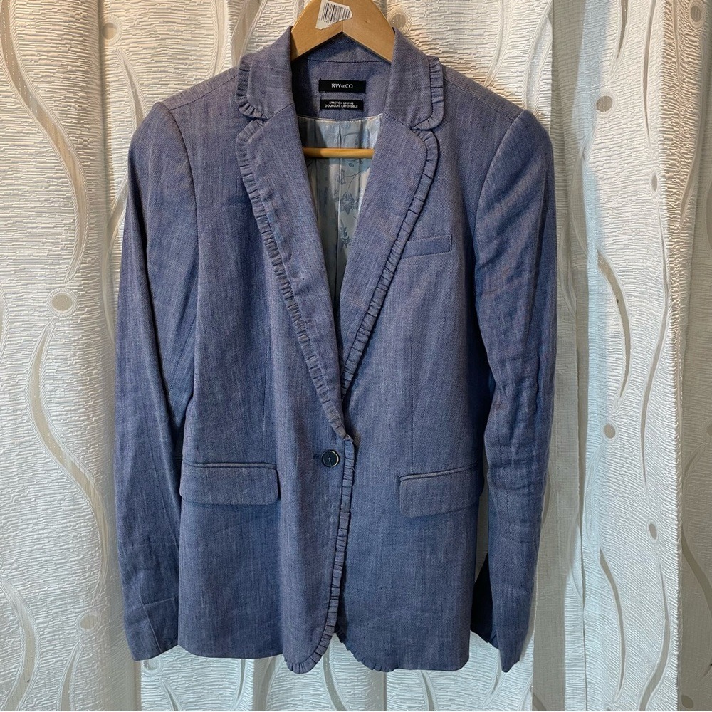 RW&CO Linen‎ Blend Ruffle Front Blazer Blue Stretch Lining Size Petite